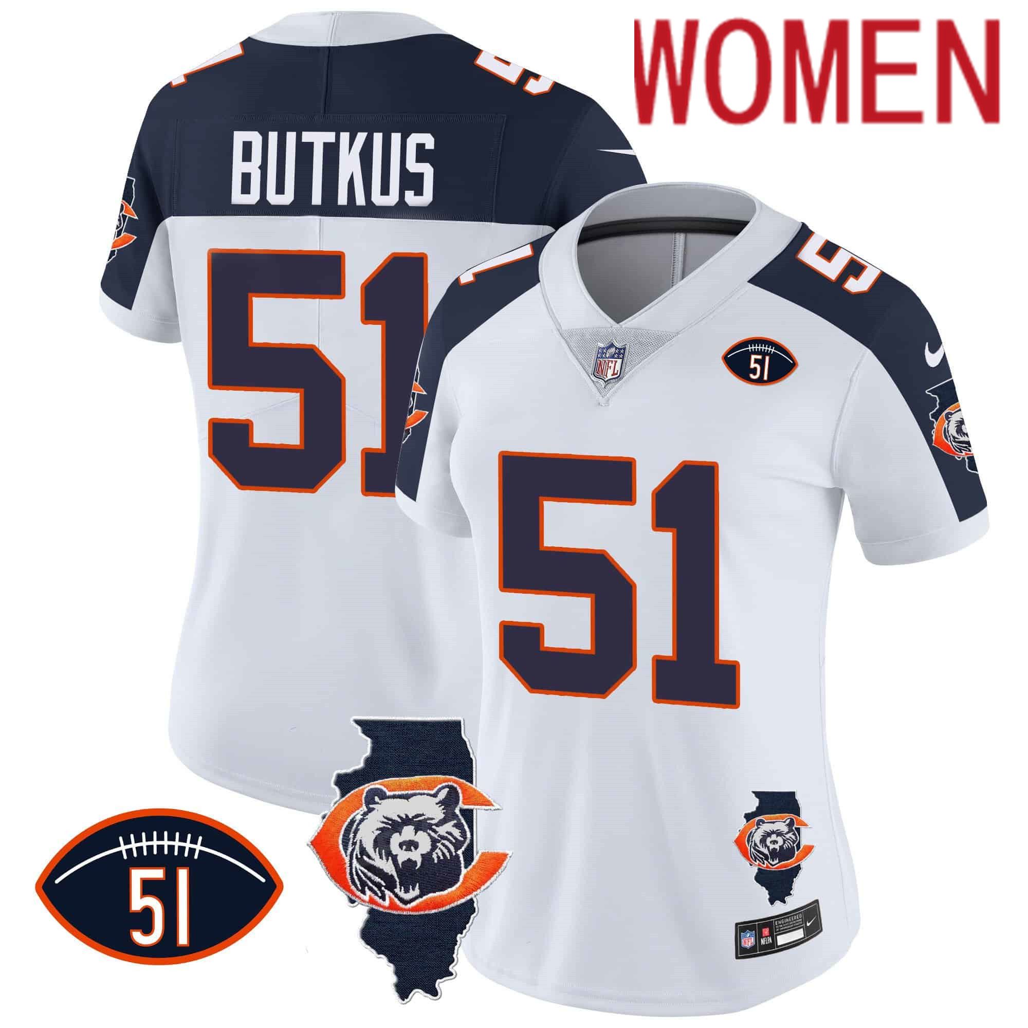 Women Chicago Bears #51 Butkus White 2024 Nike Throwback Illinois Patch Vapor NFL Jersey style 2->women nfl jersey->Women Jersey